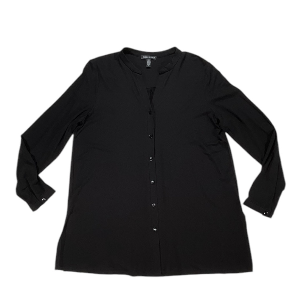 Eileen Fisher S/P Black 93% Tercel 7% Spandex Button Up Collarless Top